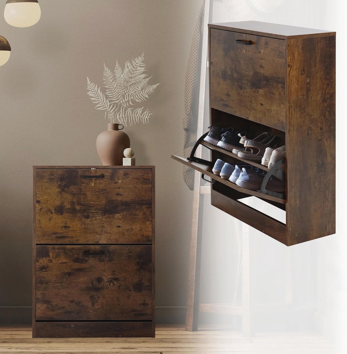 Schoenenkast met 2 vouwvakken - Donkerbruin Vintage, Ruimtebesparende Schoenenopbergers voor 12 Paar (9101039409688)