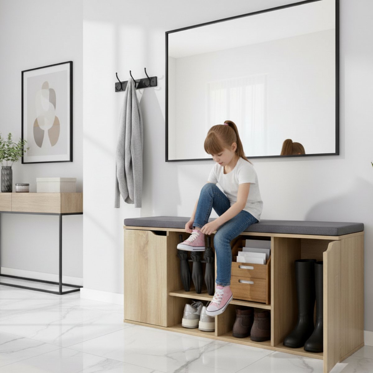 Schoenenkast met Zitkussen - Altameubel ComfortStore XL - Sonoma Eiken - 103,5×48×30,5 cm - 6 Open Vakken + Deuren - Opbergbank Hal & Gang (9503124183976)