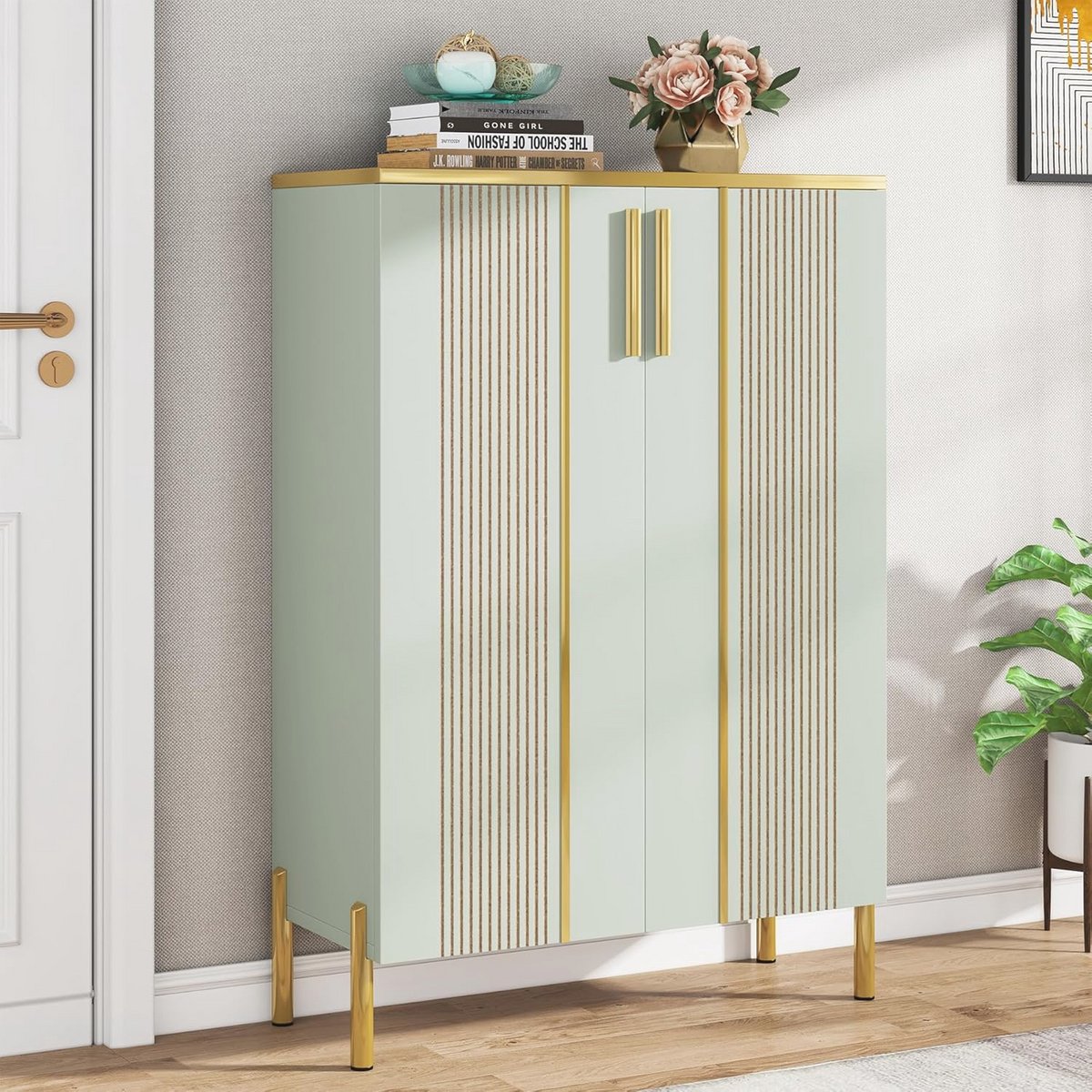 Schoenenkast met deuren - 6-laags schoenenopbergkast met verstelbare planken - Houten schoenenrek voor entree en woonkamer - Lichtgroen (9101020929119)