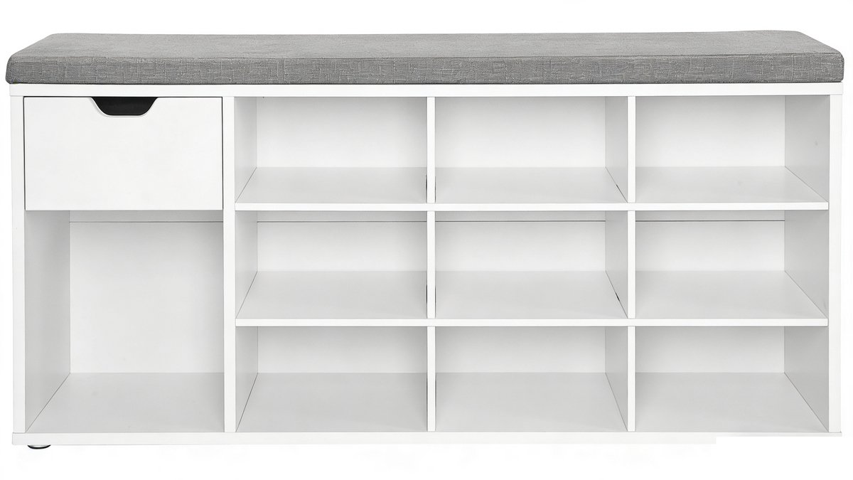 Schoenenkast opbergkast 104 x 30 x 48 cm, wit met 10 open opbergvakken, 1 lade en schoenenbank, stevig en duurzaam houten frame, comfortabele zachte zitkussen, geschikt voor entree, woonkamer en slaapkamer, (4255839492274)
