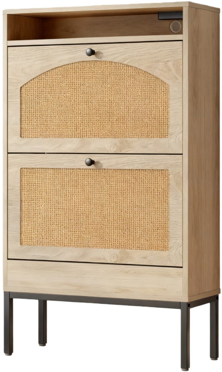 Schoenenkast opbergkast bijzetkast met 2 kantelbare dubbele opbergvakken, 1 open vak en oplaadfunctie, met een modern, eenvoudig en stijlvol design, multifunctioneel en praktisch, stevig en duurzaam houten frame 59×22,5×103,5 cm naturel (4255901406765)