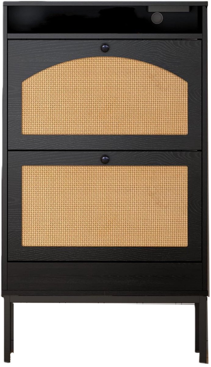 Schoenenkast opbergkast bijzetkast met 2 kantelbare dubbele opbergvakken, 1 open vak en oplaadfunctie, met een modern, eenvoudig en stijlvol design, multifunctioneel en praktisch, stevig en duurzaam houten frame 59×22,5×103,5 cm zwart (4255901406772)