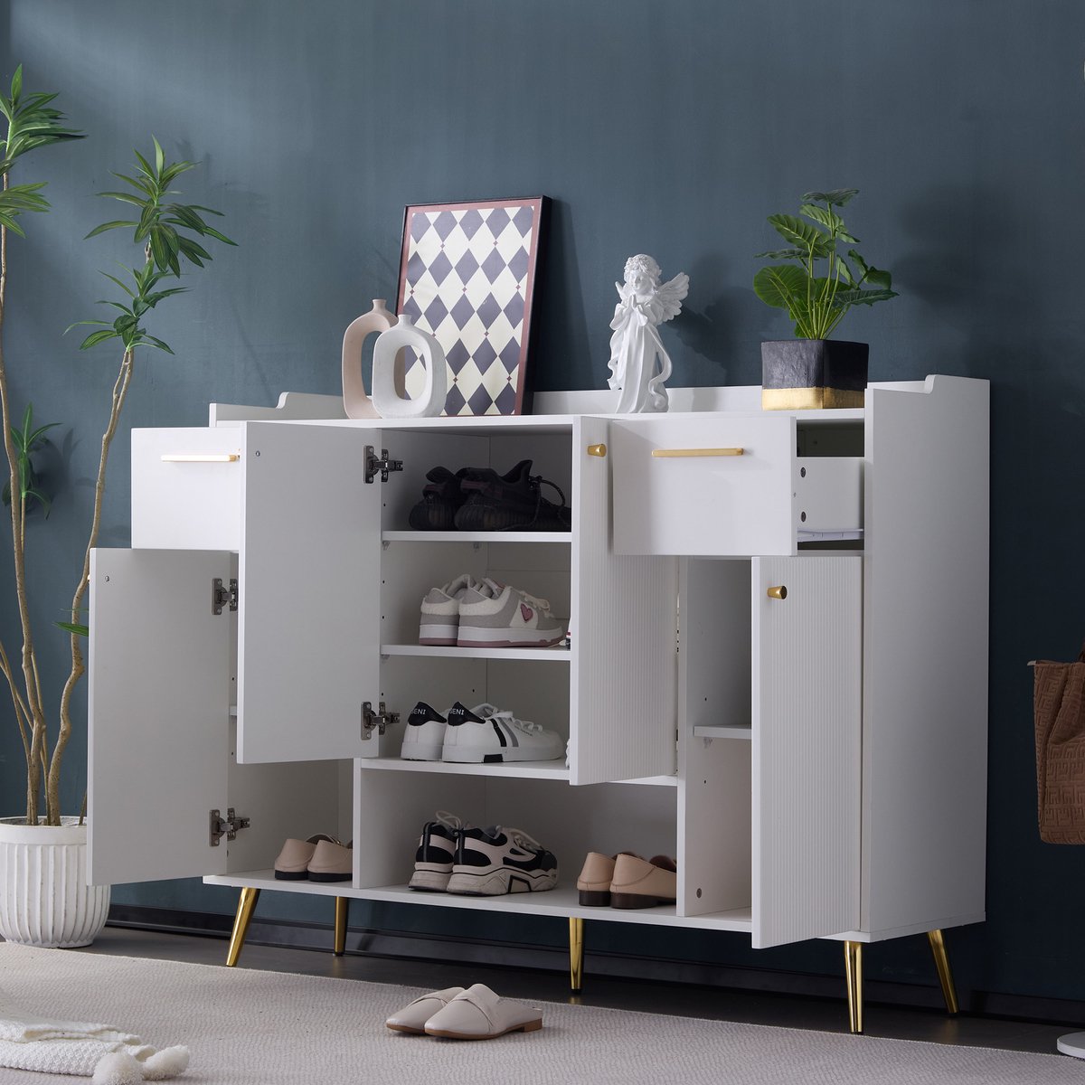 Schoenenkast - schoenenrek met 2 lades en 4 deuren - metalen poten - 130x37x100 cm - wit (0197793065658)