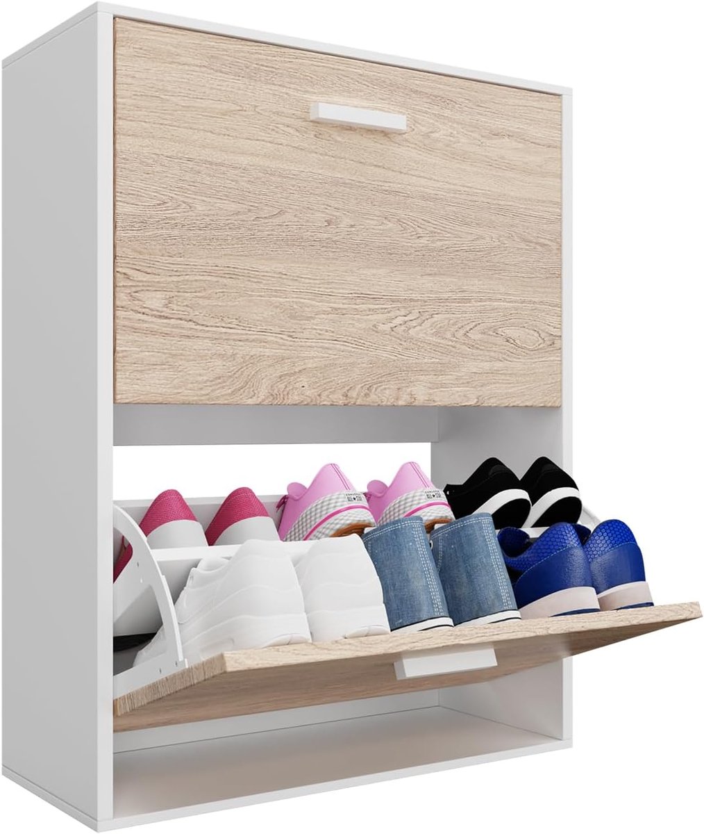 Schoenenkast voor entree, 12 paar, grote capaciteit, 60 x 24 x 80 cm, wit met beukenlook (8721316456023)