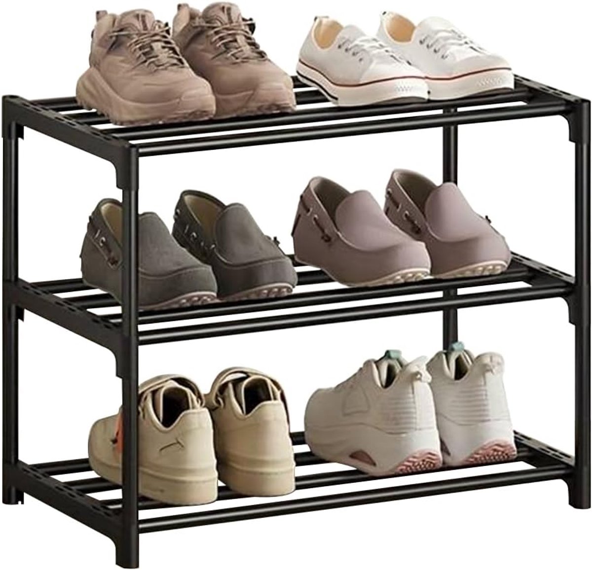 Schoenenrek, 3-laags schoenenrek klein, slanke schoenenrekopslag, antiroestcoating, geschikt voor slaapzaal, huurhuis, balkon, stapelbaar smal schoenenrek (zwart, 3 (4803357504988)