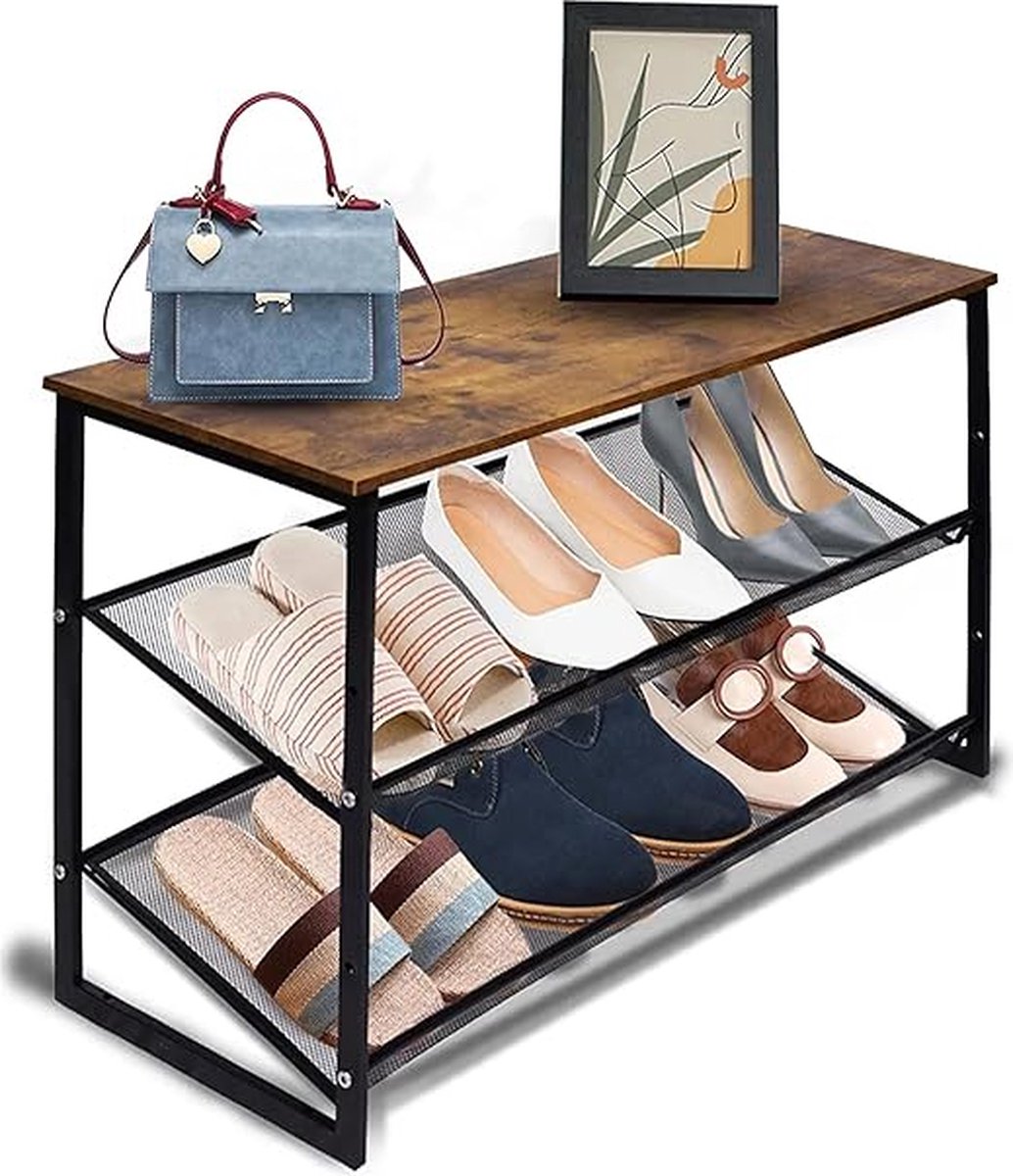Schoenenrek, 3-laags schoenenrekken opslag met platte en schuine verstelbare metalen gaasplanken, vrijstaande schoenenrek organizer voor toegang, gang, kast, industrieel, rustiek bruin zwart (8785291877006)
