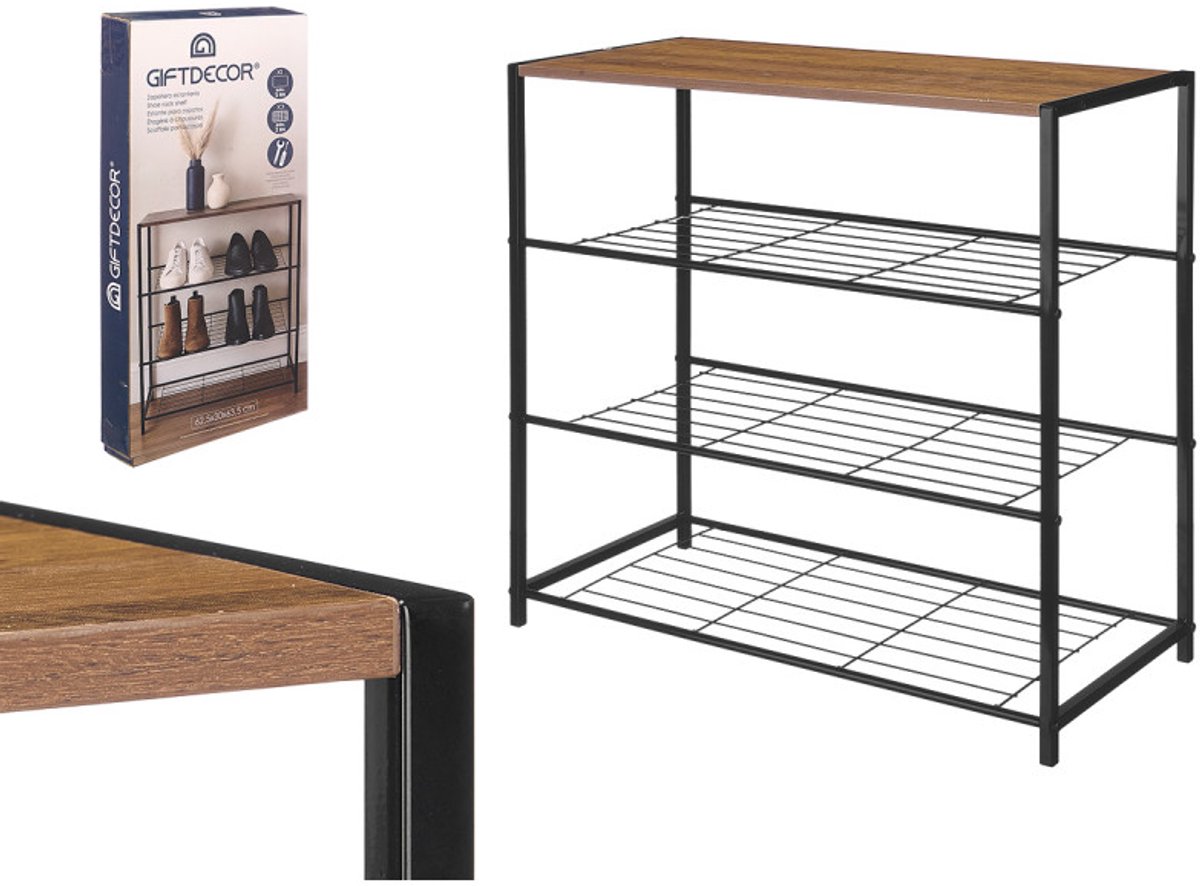 Schoenenrek 4-Laags - Zwart - Houten Plank - Schoenenbank - Metaal - Schoenenkast - 30 x 63 x 63 cm (8430852131447)