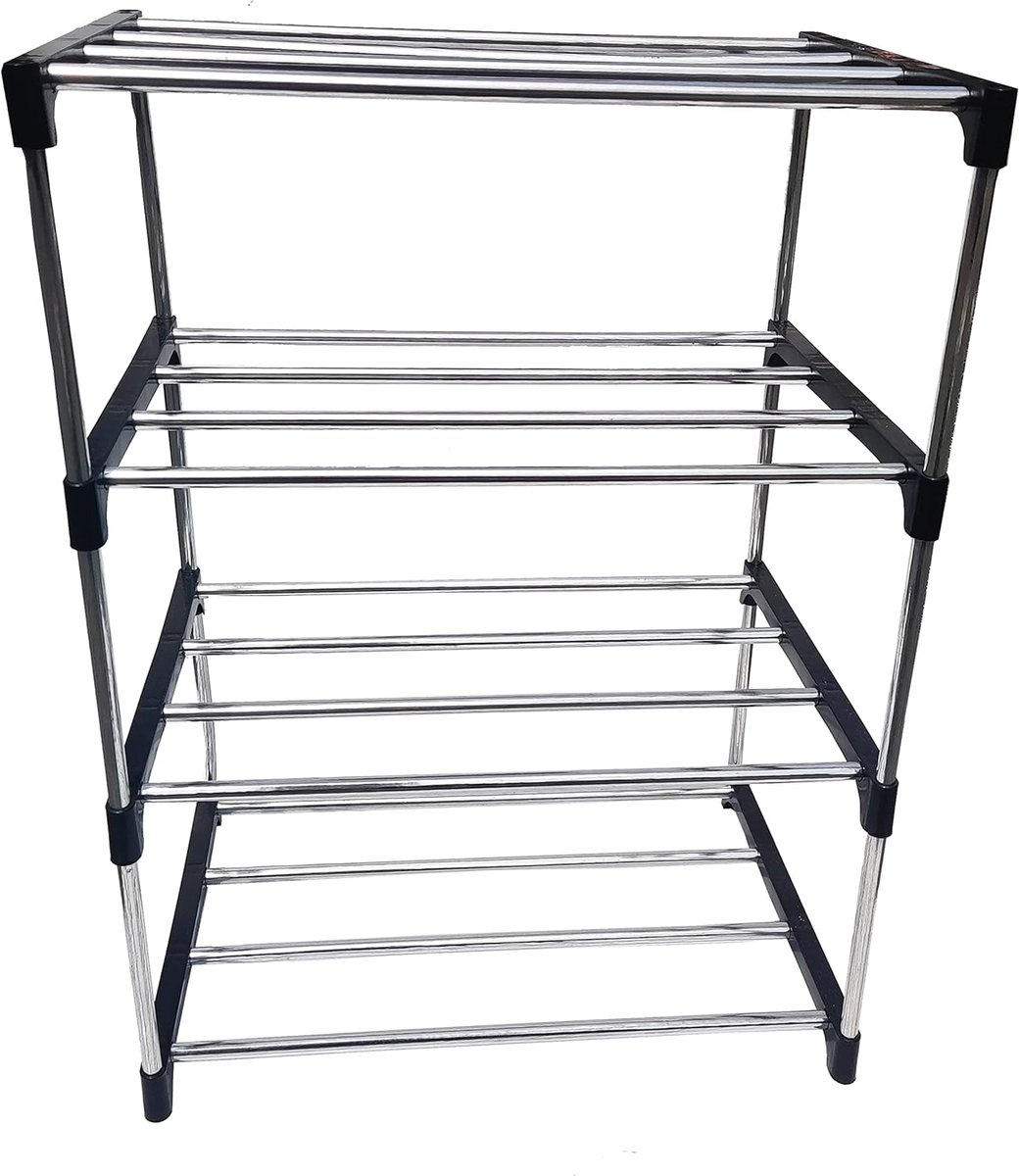Schoenenrek 4-Laags Zwart/Zilver - Modulair - Gereedschapsvrij - 43cm - Stevig (4805388651938)