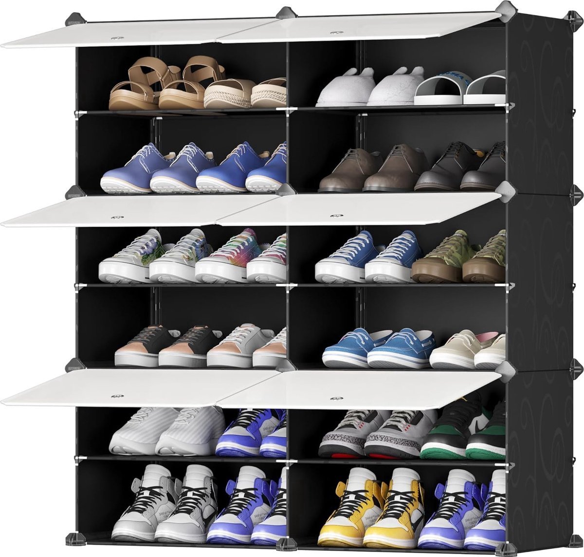 Schoenenrek - Multifunctionele Modulaire Schoenenorganizer - Verwijderbare Scheidingswand - Kunststof en Metalen Frame - Rekkensystemen en Schoenenrekken - Melkwitte Deuren - Zwarte Kast - 2X6 (8721042468680)