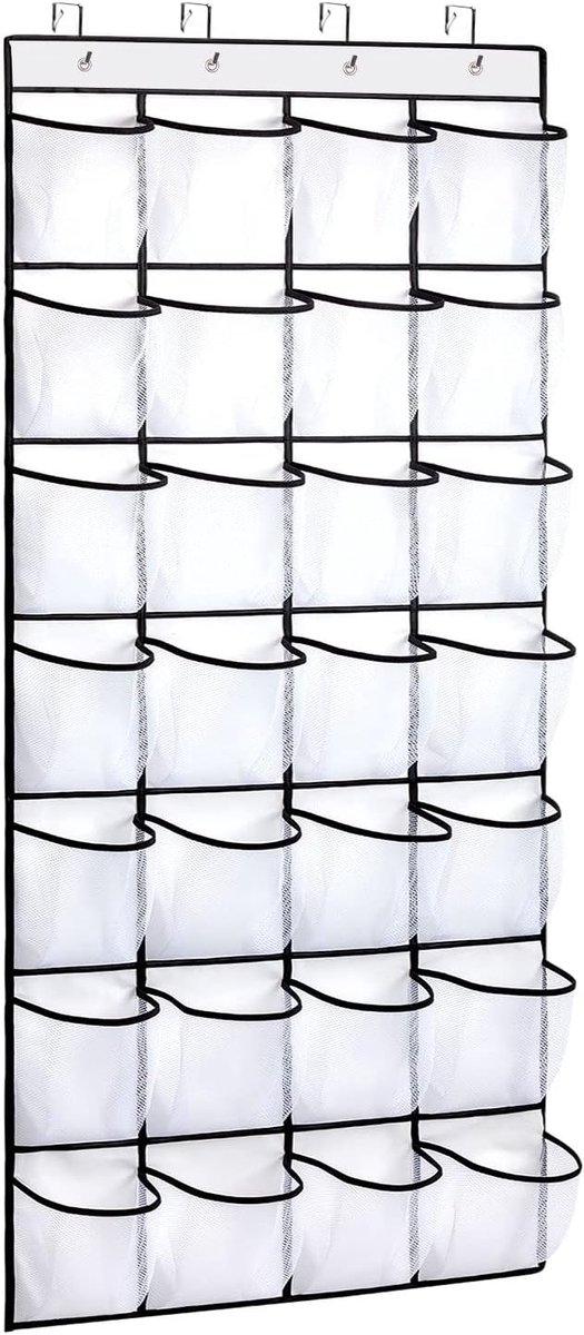 Schoenenrek - Organizer - Schoenenkasten - Schoenenzak hangend - Schoenenopberger met doorzichtige deur - Organizer - Schoenenzak - Hangende opberger - 28 vakken - grote opbergruimte boven de deur - voor in de kast schoenenhouder - hanger - wit (0080749370626)