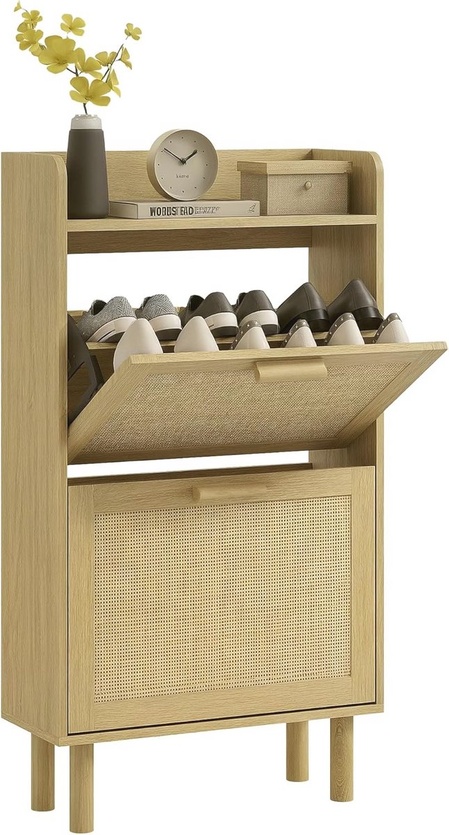 Schoenenrek met 2 Klapdeuren voor 12 Paar Schoenen - Boho Design - Natuurlijk (9101040270635)