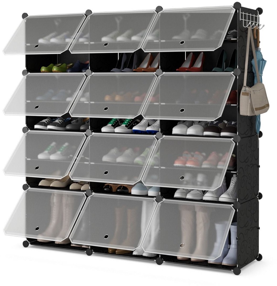 Schoenenrek met 8 Lagen - Kunststof Schoenenkast voor 48 Paar - Inclusief Verstelbare Ophanghaak - Zwart (5487571408742)