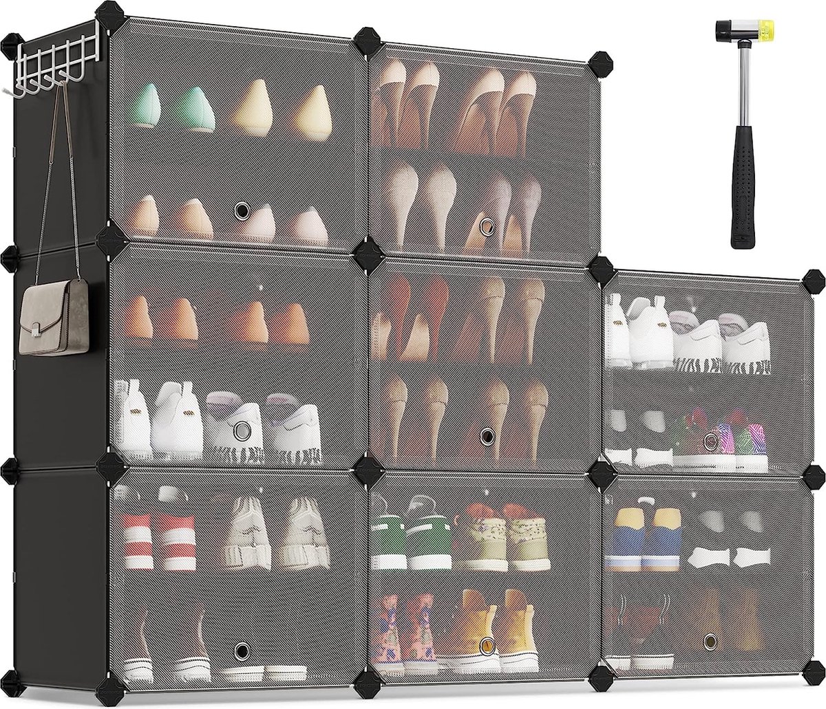 Schoenenrek met 8 vakken, schoenenkast, 30 x 40 x 30 cm per vak, smal, met deuren, stalen frame, kunststof, voor hal, slaapkamer, entree, zwart (7593919924305)