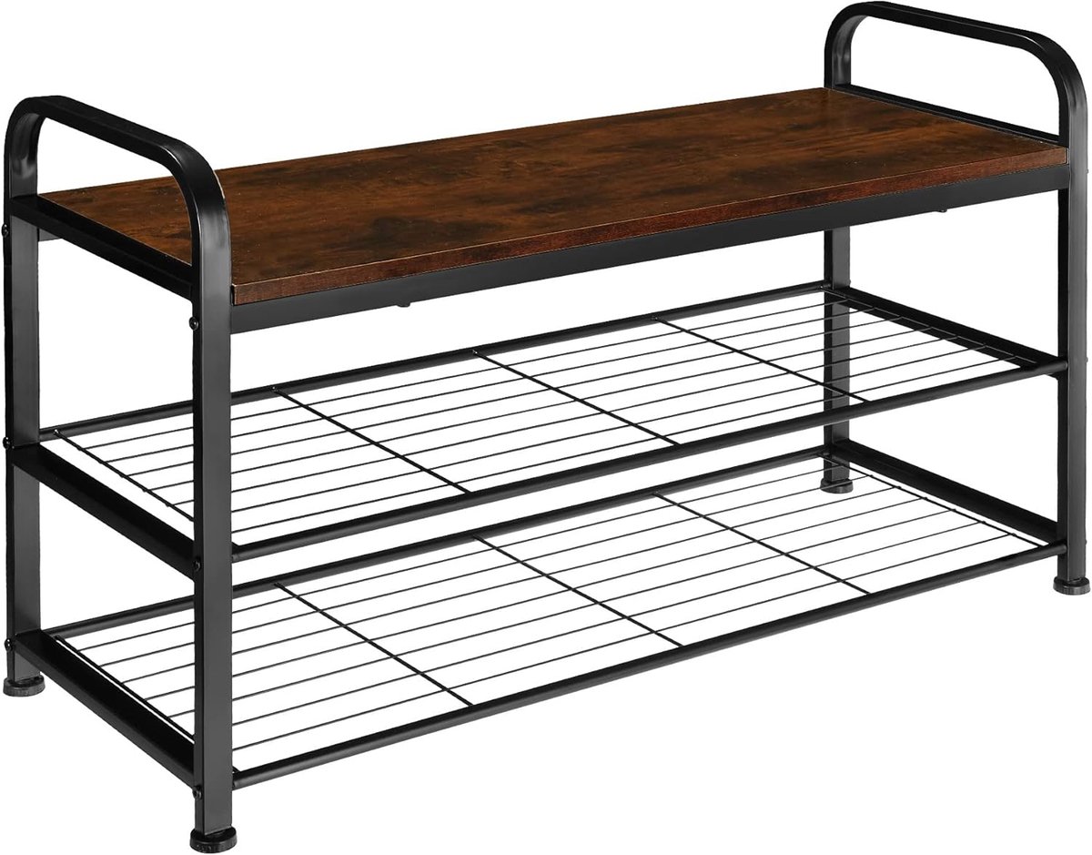Schoenenrek met Zitting - Industrieel Design - 3 Niveaus met Roosterplanken - 91 x 36 x 55 cm - Zwart Metalen Frame (6151829864817)