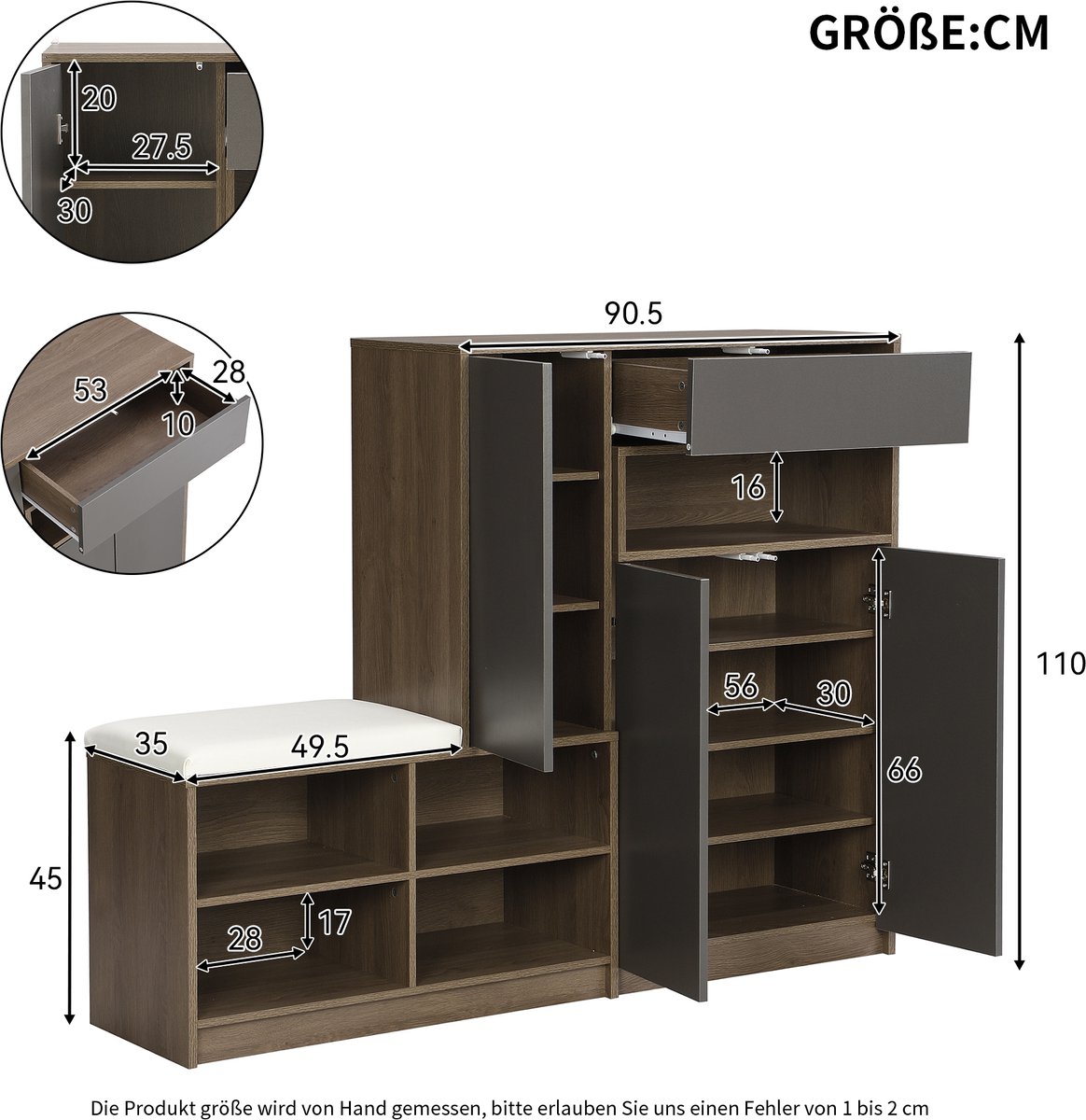 Schoenopbergbank & Schoenenkast, multifunctioneel schapenrek met gepolsterde zitbank, verstelbare planken voor veelzijdige opslag in de hal, Grijs, Afmetingen: B140 x T35 x H110 cm (0781113496767)