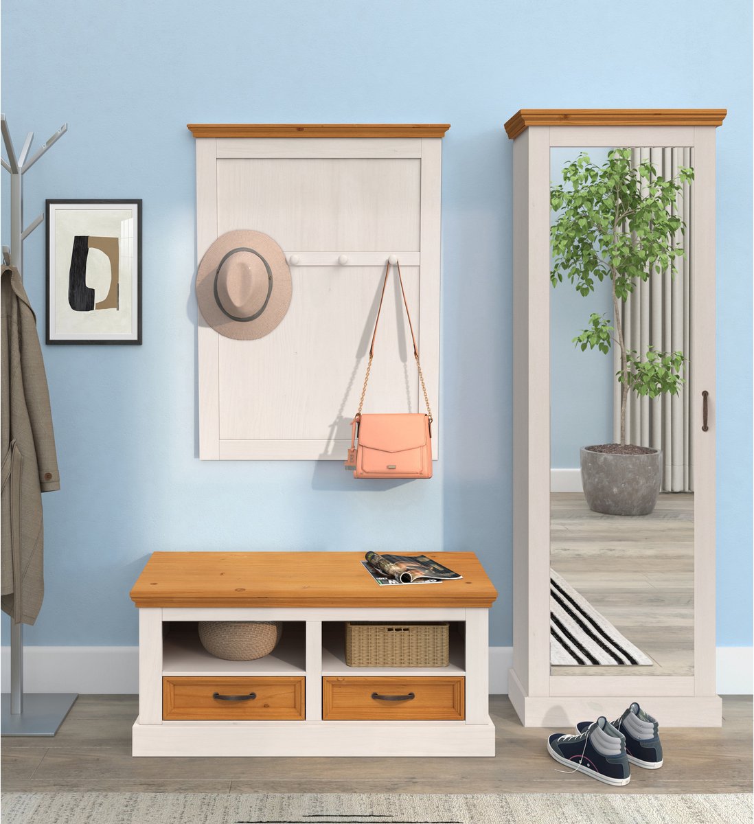 Selma|Schoenenopberger met 1 spiegeldeur in grenen wit (5711950566809)