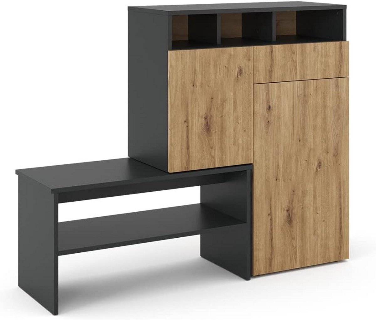 Shoftas met Zitbank en Opbergvakken - Antraciet/Eiken - 125 cm Breed (9101048939756)