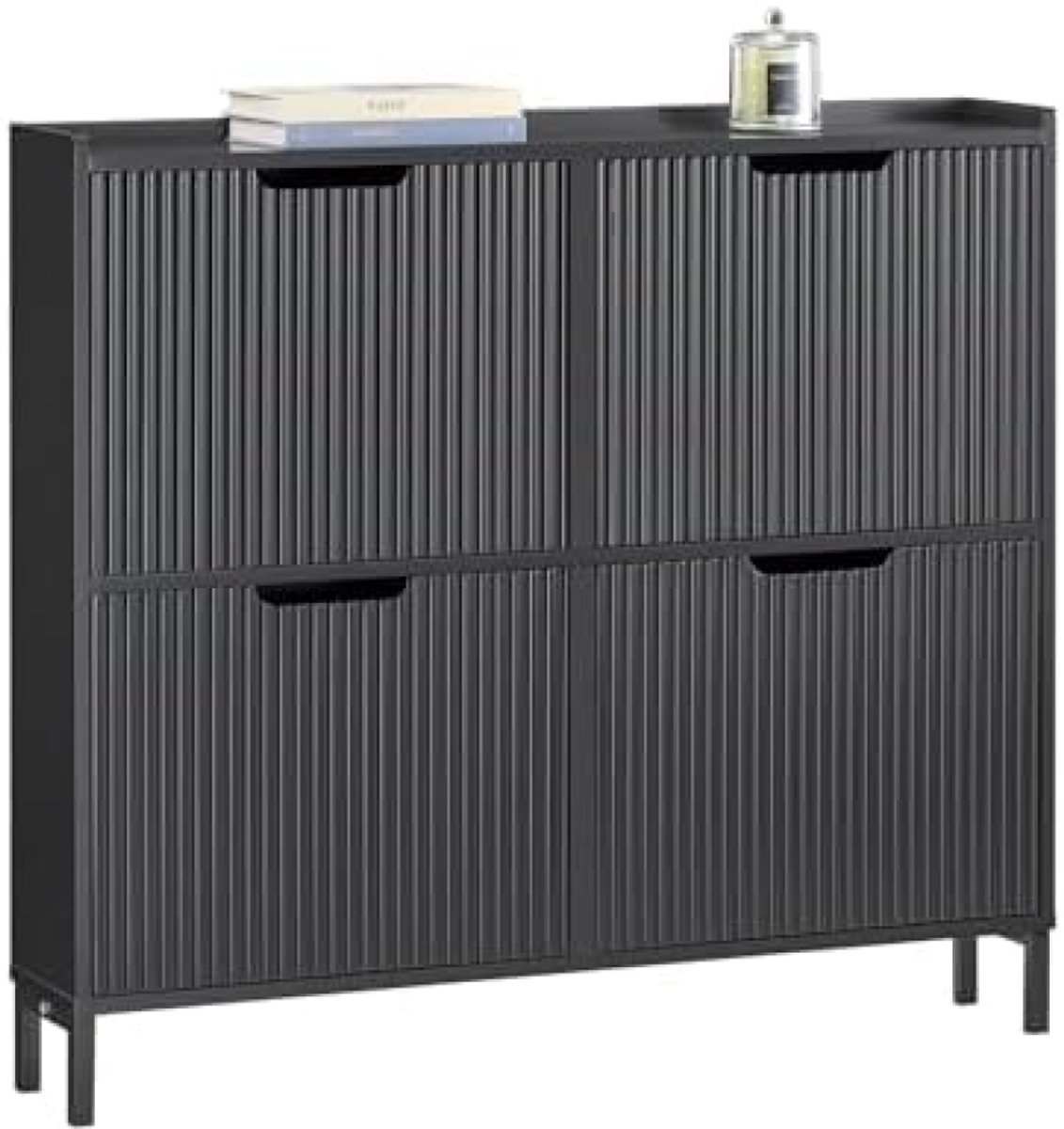 Smal schoenenrek met 4 kleppen - Schoenenkast voor hal met 8 legplanken - Zwarte schoenencommode - 100x91x19cm - Wandmontage met kantelbeveiliging (6154348742727)