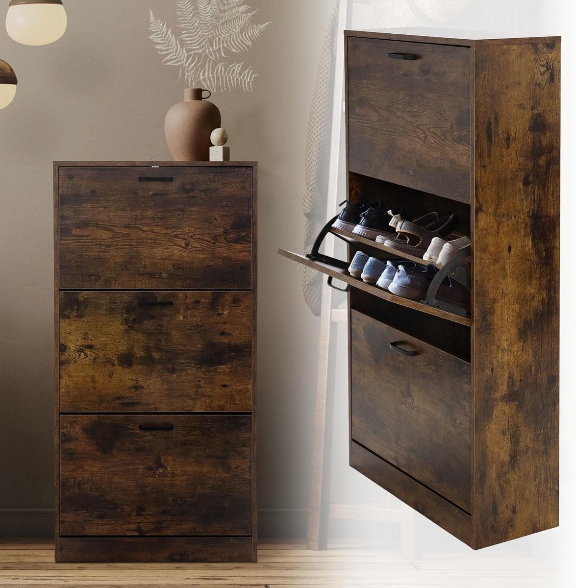 Smalle Schoenenkast met 3 Vouwvakken - Ruimtebesparend Design voor Hal en Entrée (9101033994852)