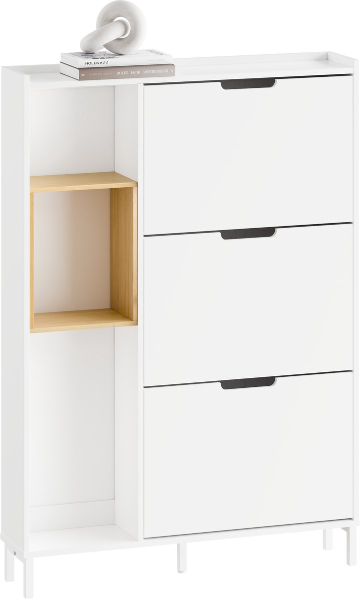 SoBuy FSR209-WN Schoenenkast, wit, compact, opslag voor 9 paar schoenen, ideaal voor kleine ruimtes en woningen, MDF + bamboe, 90 x 19 x 129,5 cm FSR209-WN (4251388645406)