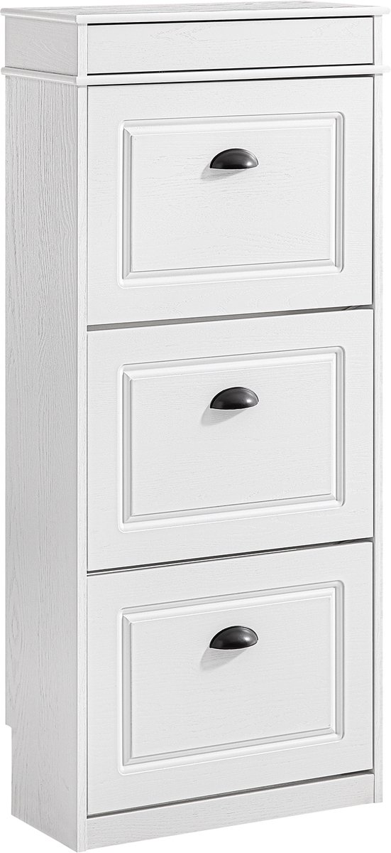 SoBuy FSR94-WG Schoenenkast met 3 kleppen, schoenenkast voor entree, schoenenkast, schoenenrek, 12 paar, voor hal, entree, 53 x 24 x 118 cm, verouderd houteffect, wit (4251388642375)