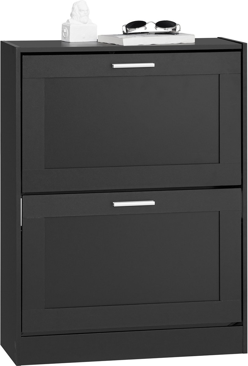 SoBuy Schoenenkast met 2 Kleppen, Entree Meubel Zwart, 60x25x80 cm, Halmeubel met Verstelbare Verdelers - FSR137-SCH (4251388637920)