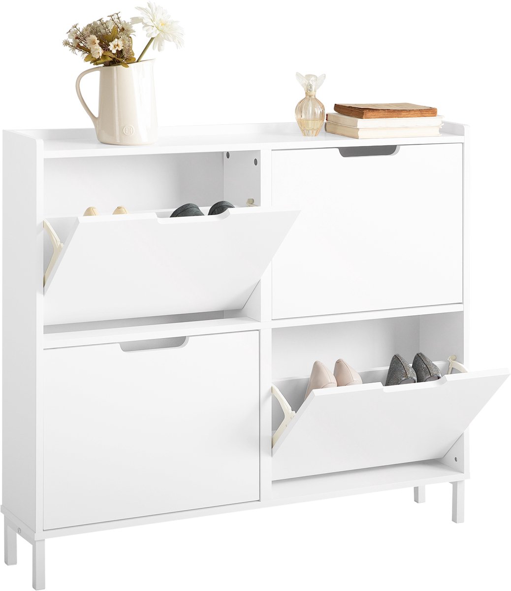 SoBuy Schoenenkast met 4 Kleppen, Schoenenopbergkast voor de Hal of Entree, Schoenenrek Wit, 100x19x91 cm - FSR100-W (4251388617465)