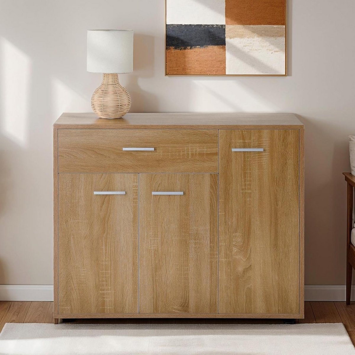 Stijlvolle schoenenkast met 3 deuren en lade in Eiken-look | Smal schoenenrek voor hal en entree (9101025278908)