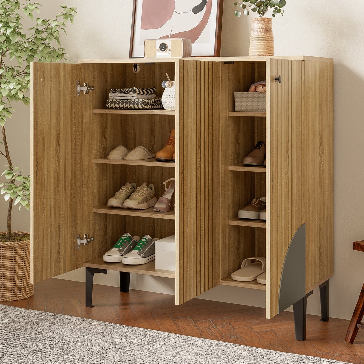 Sweiko Schoenenkast - Halmeubel - Dressoir - Houtnerf - Opbergplanken - Metalen poten - Natuurlijke (7462584370000)