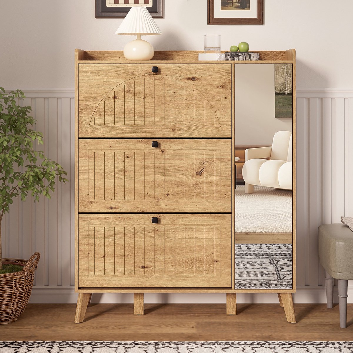 Sweiko Schoenenkast - Met spiegel - Halmeubel - 110×24×137.5 cm - Natuurlijke (7462584369899)