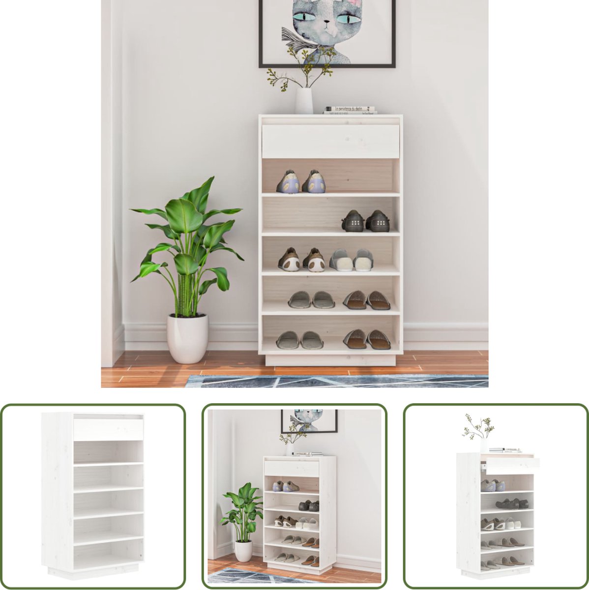 The Living Store Houten Schoenenkast - 60 x 34 x 105 cm - Wit - Massief Grenenhout (8721032024827)