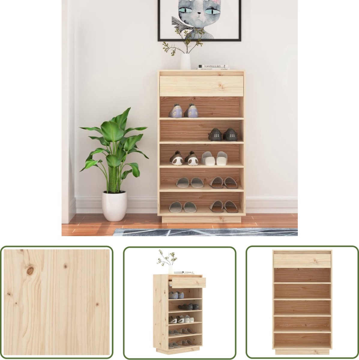 The Living Store Schoenenkast - Grenenhout - 60 x 34 x 105 cm - Montage vereist (8721032229598)