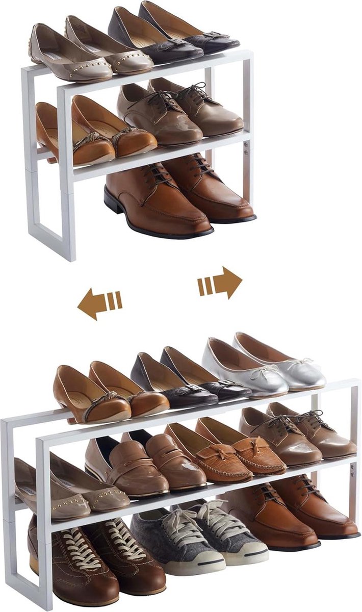 Uitschuifbaar schoenenrek 2-laags wit met Line design. (6152325531517)