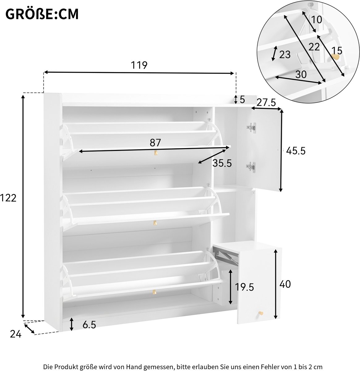 Veelzijdige kantel-schoenenkast met 3 vouwladen, opbergorganizer voor de entree met lade, vrijstaand schoenenrek met neerklapbare zitbank voor de hal, Wit, 119x24x122 cm (0781113496842)