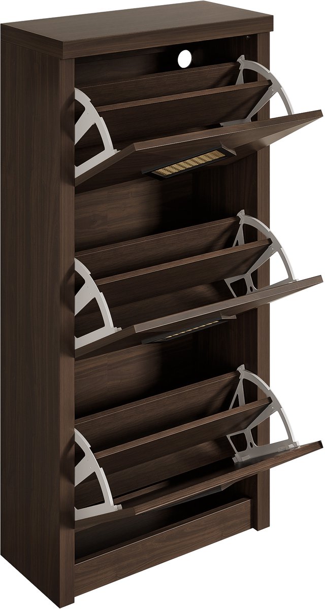 Vintage schoenenkast met rotan decor, 3 uitklapbare vakken, retro schoenenrek in donkerbruine houtlook, ruimtebesparende schoenenkast 54x25x115 cm, halmeubel in moderne landelijke stijl (4122312324790)