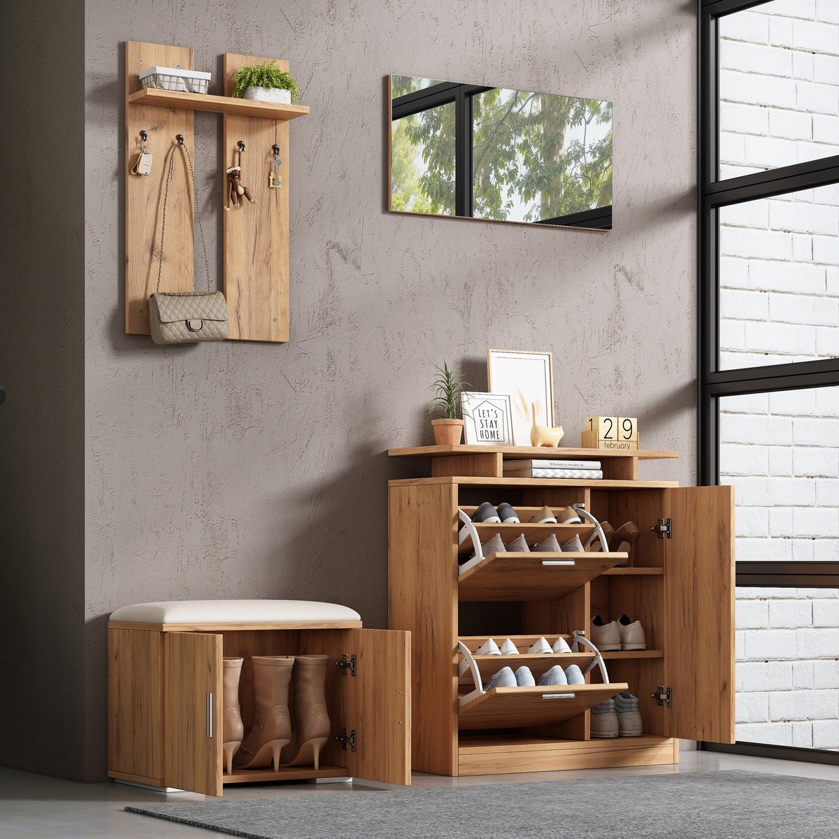 Wandkastset voor de hal; inclusief schoenenbankje, schoenenkast, 1 spiegel, 4 haken en 5 deuren; natuurlijke houtkleur; 140 cm breed x 35 cm diep x 133 cm hoog. (8026542945144)