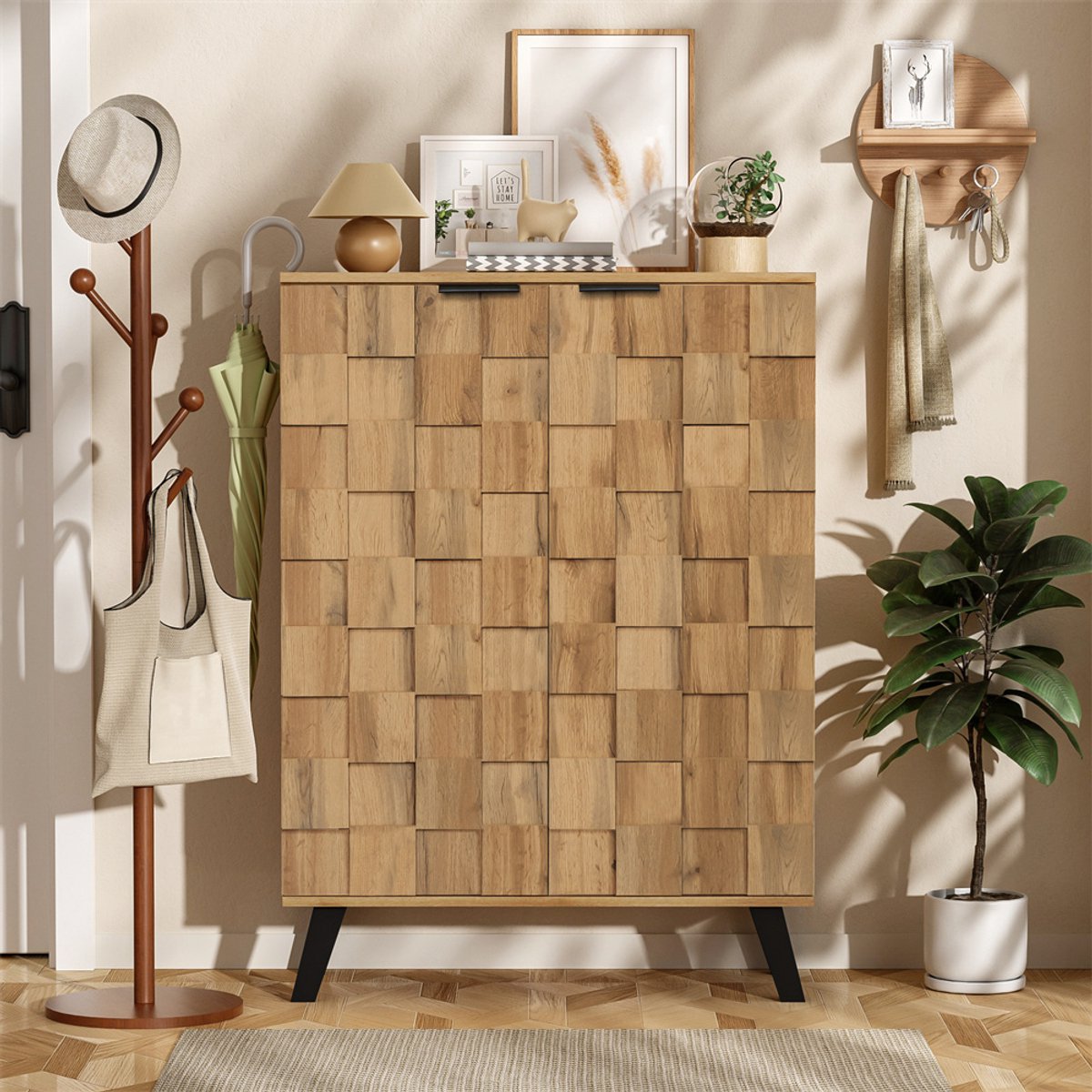 YEHTOKHOME Moderne Schoenenkast met 2 deuren - 5 vakken - Verstelbare planken - 80,5 x 35 x 109,5 cm - Zwarte metalen handgrepen - Houtlook bruin (7823694760165)