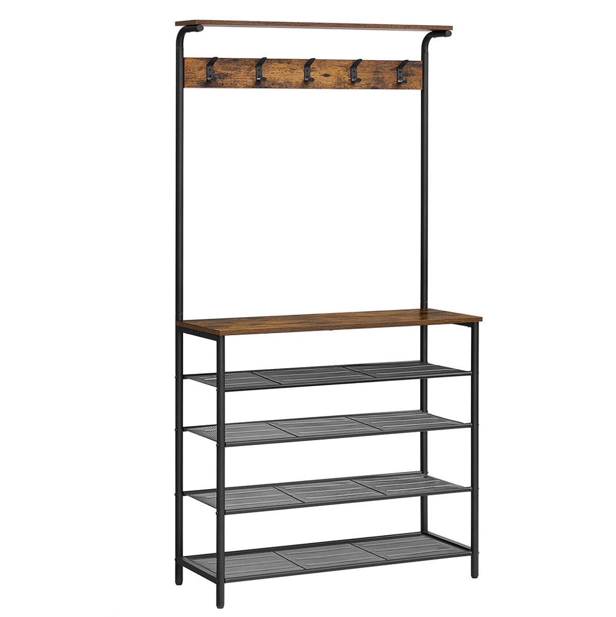 multifunctionele opbergoplossing voor gang,Kapstok voor hal met schoenenkast, 80 x 31,5 x 183,5 cm 5-schoenenrekken, 5 dubbele haken en bovenrek, bruin/zwart, slaapkamer, studentenwoning of appartement (4255839491192)