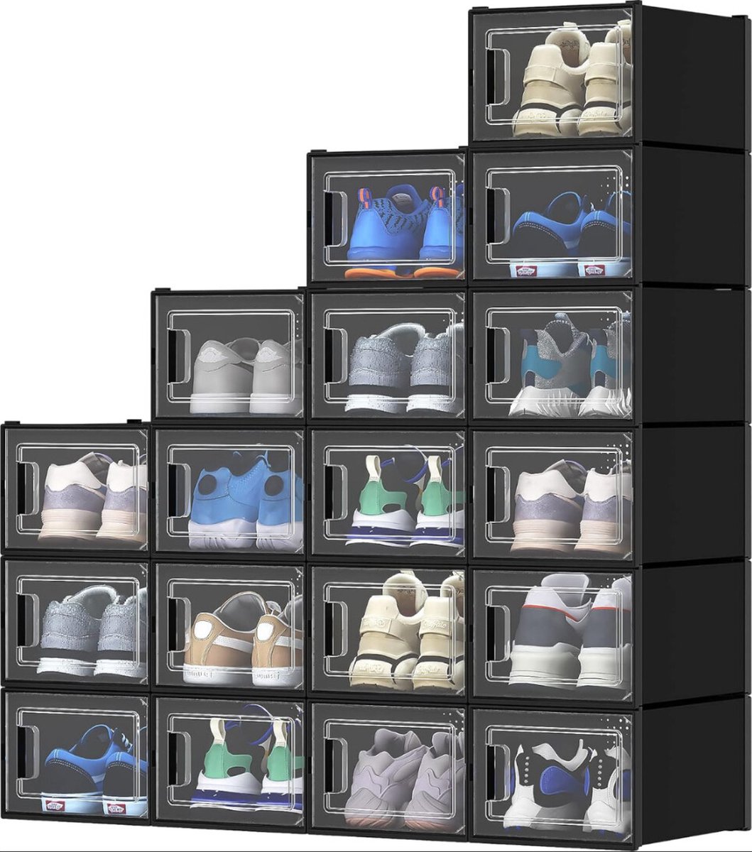 schoendozen-set van 18 transparante kunststof schoenen opbergdozen-stapelbaar en opvouwbaar-voor schoenen tot maat 44 schoenendozen-ademend (8721129212502)