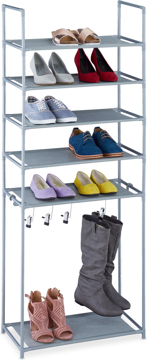 schoenenrek - 6 etages - 12 paar - 4 laarzen klemmen - metaal - stof - smal - grijs (4052025985981)