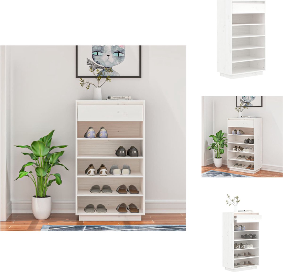 vidaXL Houten Schoenenkast - 60 x 34 x 105 cm - Wit - Massief Grenenhout - Schoenenkast (8721096734281)