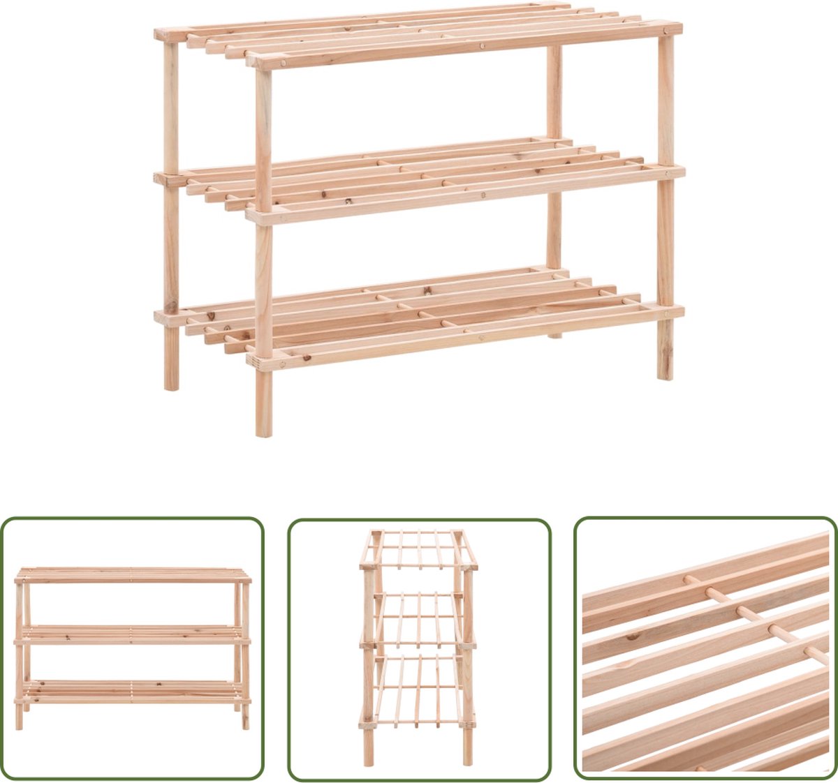 vidaXL Schoenen Kast - Houten Schoenenrek - Schoenenrek 3-laags massief vurenhout - Schoenen Organisatie - Entree Meubilair - Vloerspiegel (8721031228196)