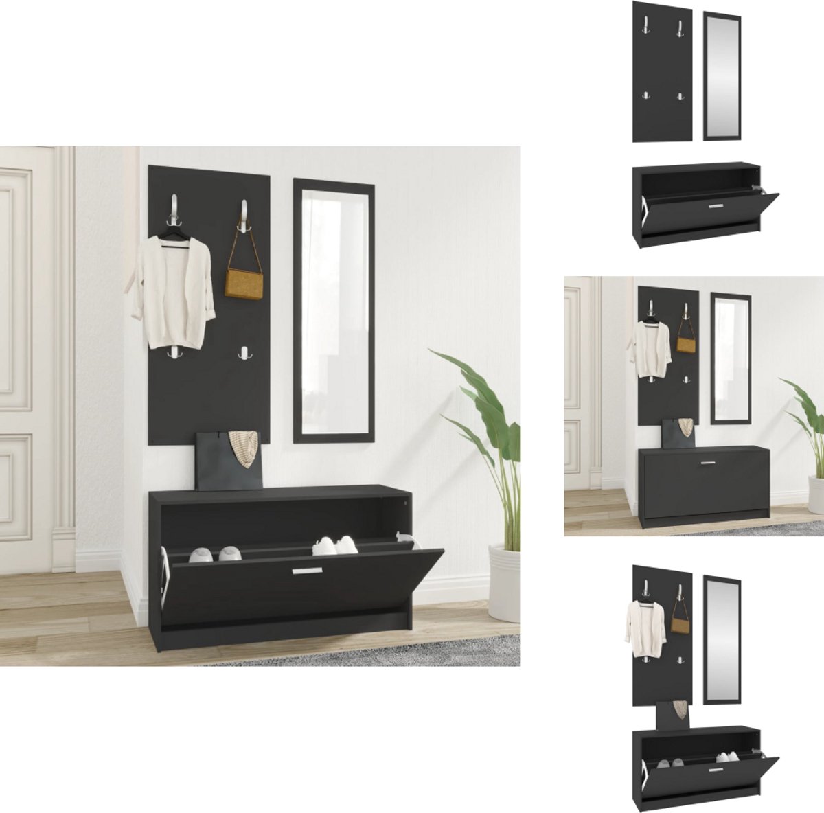 vidaXL Schoenenkast - Schoenenkasten - Schoenenkast Set - Schoenenkastset - Schoenenkastset 3-in-1 bewerkt hout zwart (8721032943708)