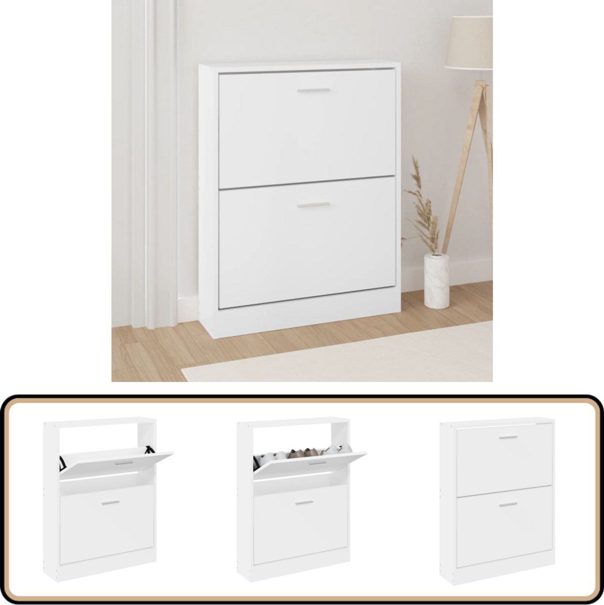vidaXL Schoenenkast - Wit - Bewerkt hout - 59x17x81 cm Schoenenkast - Houten Schoenenkast - Moderne Schoenenkast - Wit Schoenenkast - Entree Furniture (8348351771456)
