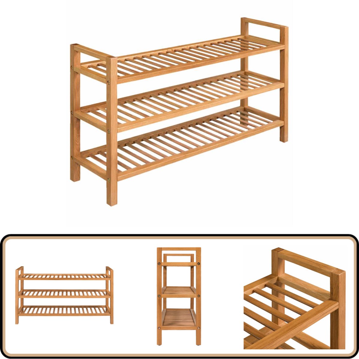 vidaXL Schoenenrek - Massief Eikenhout - 3 Schappen Schoenenrek - Eikenhouten Schoenenrek - Schoenen Organisatie - Entree Meubilair - Kast Voor Schoenen (8008521535553)
