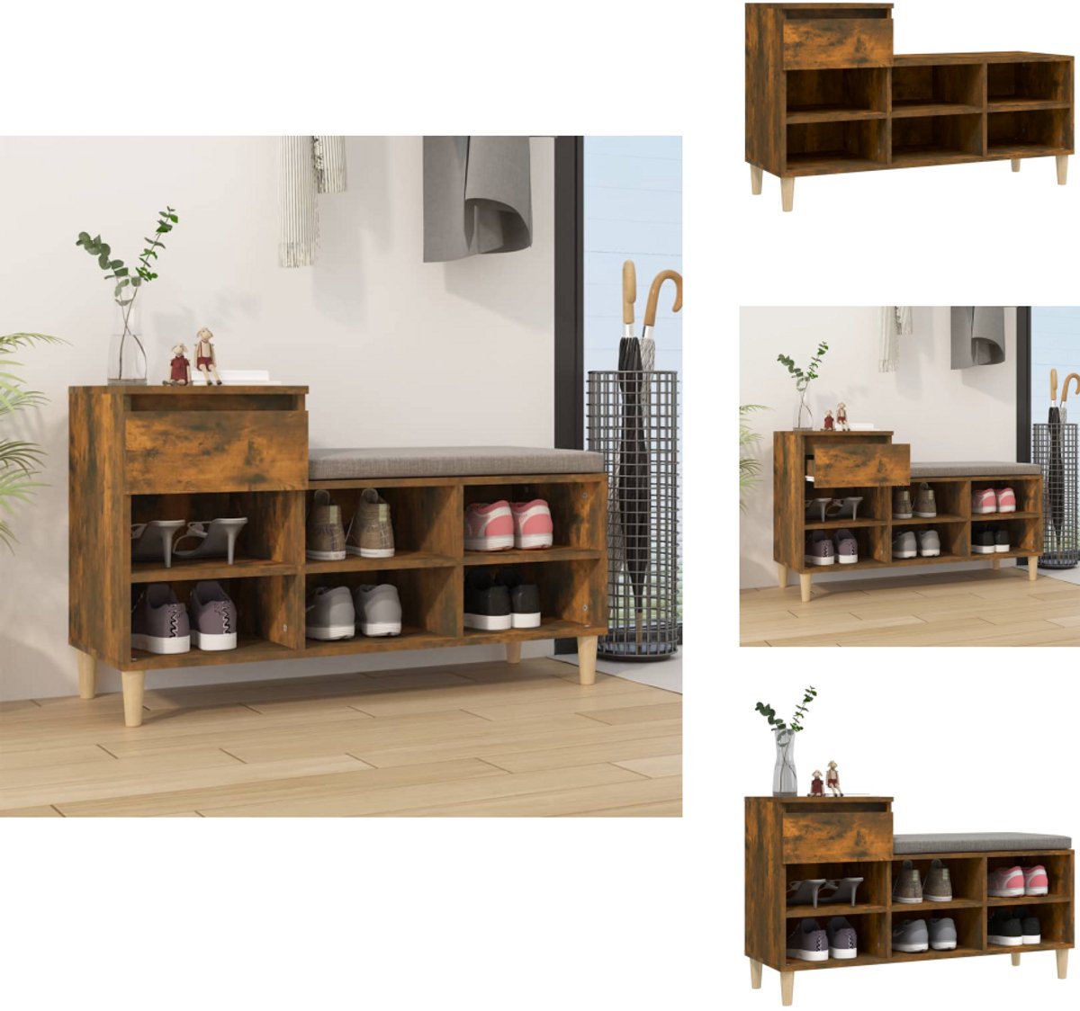 vidaXL Schoenenrek - Schoenenrekken - Opbergrek Voor Schoenen - Schoenenstellage - Schoenenkast 102x36x60 cm bewerkt hout gerookt eikenkleurig (8721096812576)