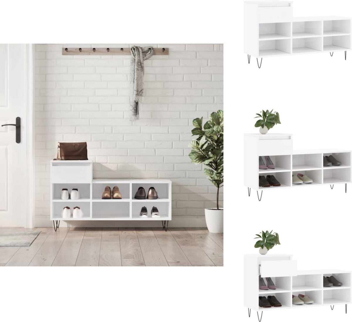 vidaXL Schoenenrek - Schoenenrekken - Opbergrek Voor Schoenen - Schoenenstellage - Schoenenkast 102x36x60 cm bewerkt hout hoogglans wit (8085305585324)