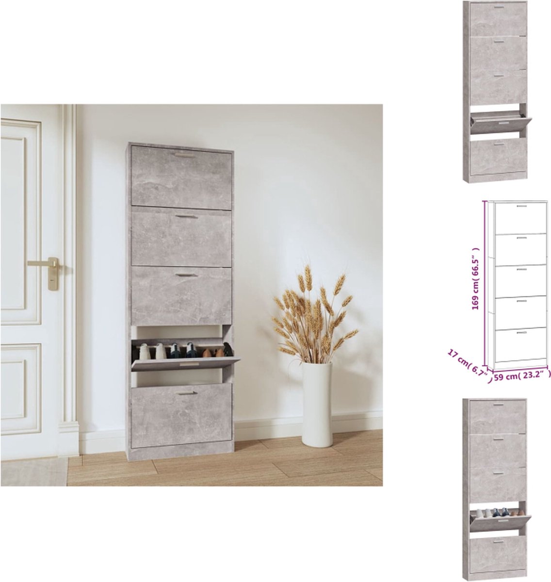 vidaXL Schoenenrek - Schoenenrekken - Opbergrek Voor Schoenen - Schoenenstellage - Schoenenkast 59x17x169 cm bewerkt hout betongrijs (8721032945436)