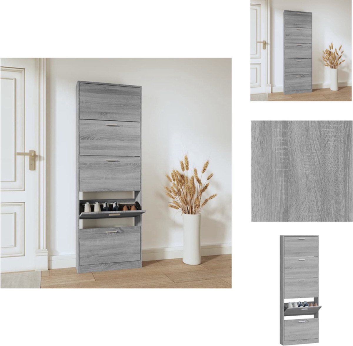 vidaXL Schoenenrek - Schoenenrekken - Opbergrek Voor Schoenen - Schoenenstellage - Schoenenkast 59x17x169 cm bewerkt hout grijs sonoma eikenkleur (8721032943166)
