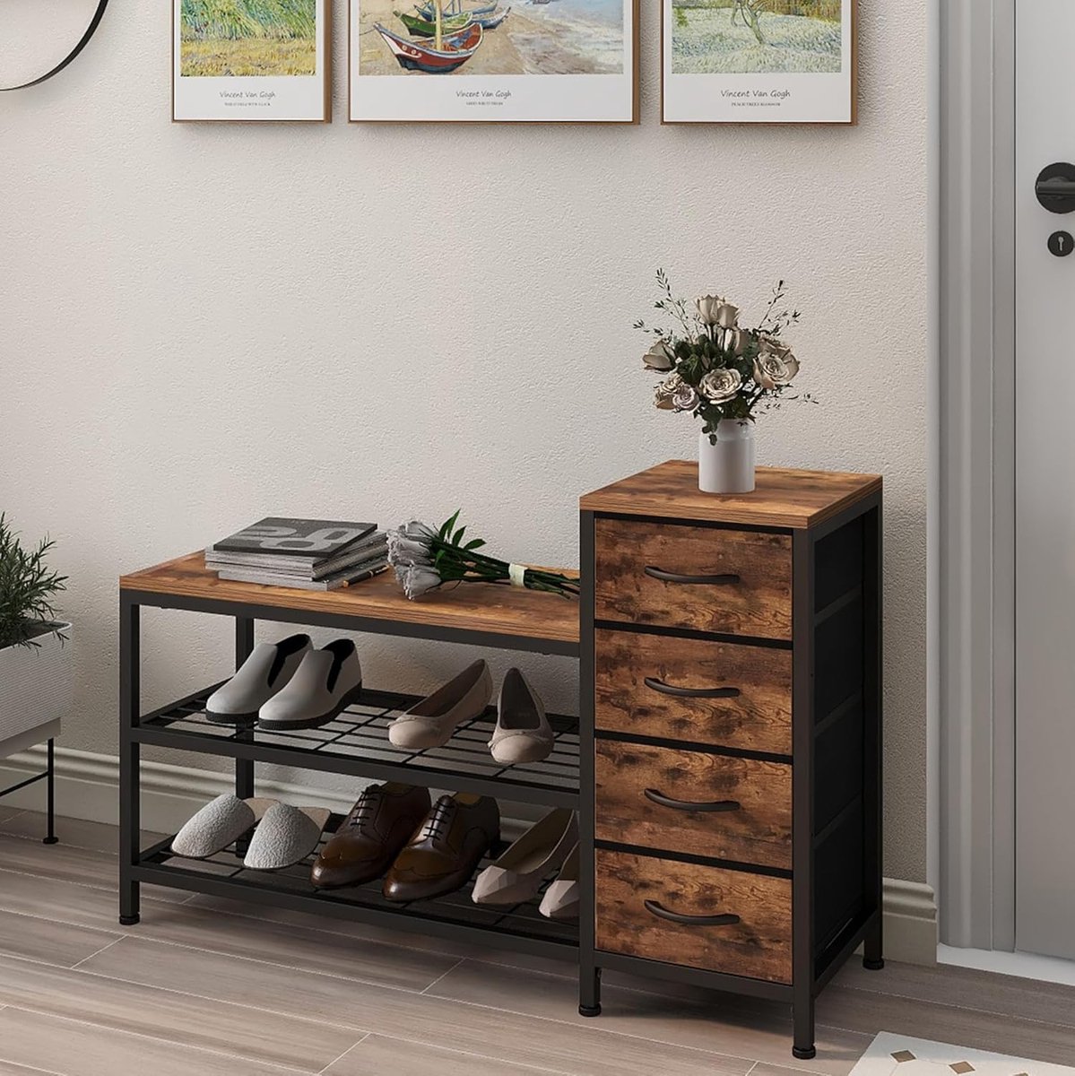 3-Traps Schoenenbank met 4 Lades - Opbergmeubel met Zitvlak voor Hal en Woonkamer (5487570031378)